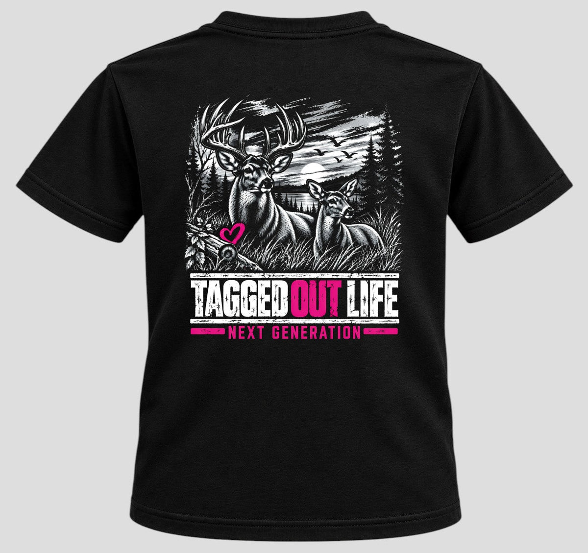 Tagged Out Life youth black hunting t-shirt featuring a whitetail buck and doe woodland graphic with pink heart accents.