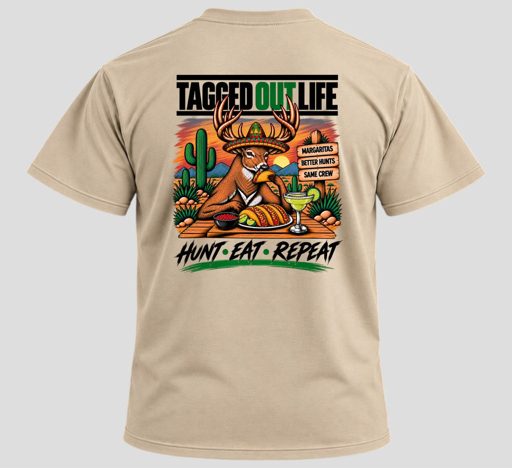 Tagged Out Life beige unisex short-sleeve t-shirt featuring a humorous deer graphic with a margarita and taco.