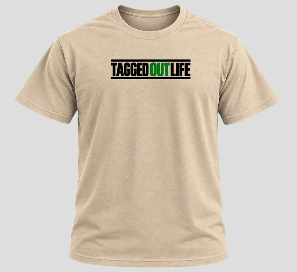 Tagged Out Life beige short-sleeve unisex hunting t-shirt with black and green logo graphic on the chest. margarita deer