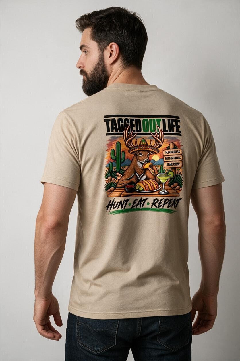 Tagged Out Life beige unisex t-shirt featuring a back graphic of a deer wearing a sombrero with margaritas