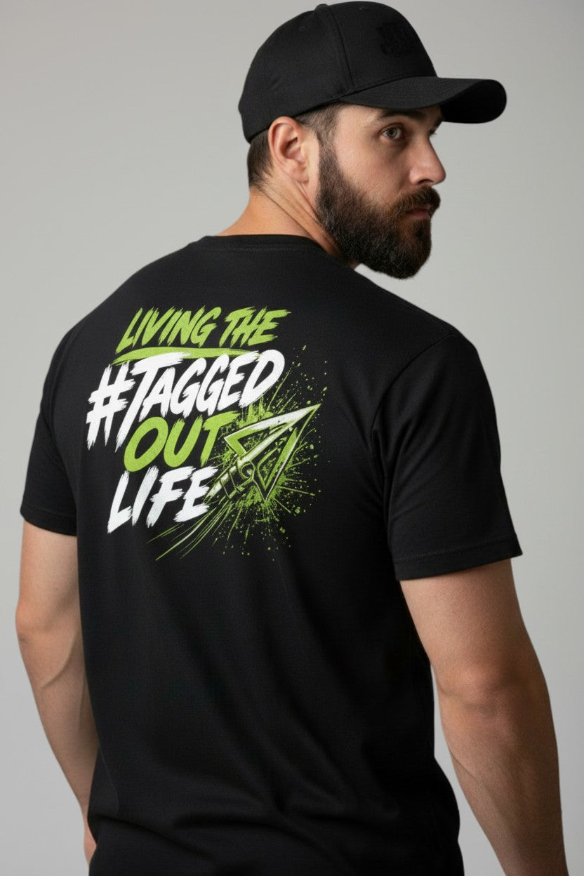 Tagged Out Life black unisex archery graphic t-shirt with green and white hunting design on the back