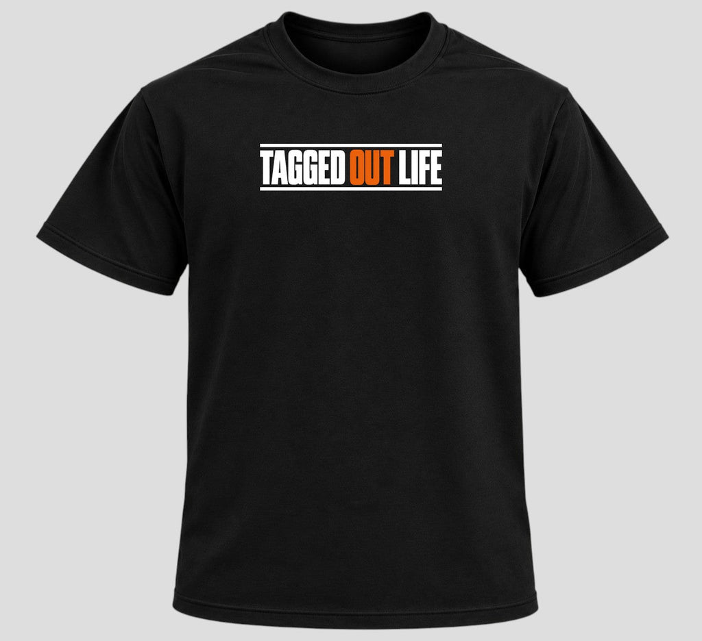 Tagged Out Life black short-sleeve hunting t-shirt featuring a white and orange brand logo on the chest. RMA NW Missouri