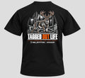 Tagged Out Life black short-sleeve hunting t-shirt featuring a graphic of a buck in the woods on the back. RMA Outfitters NW Missouri