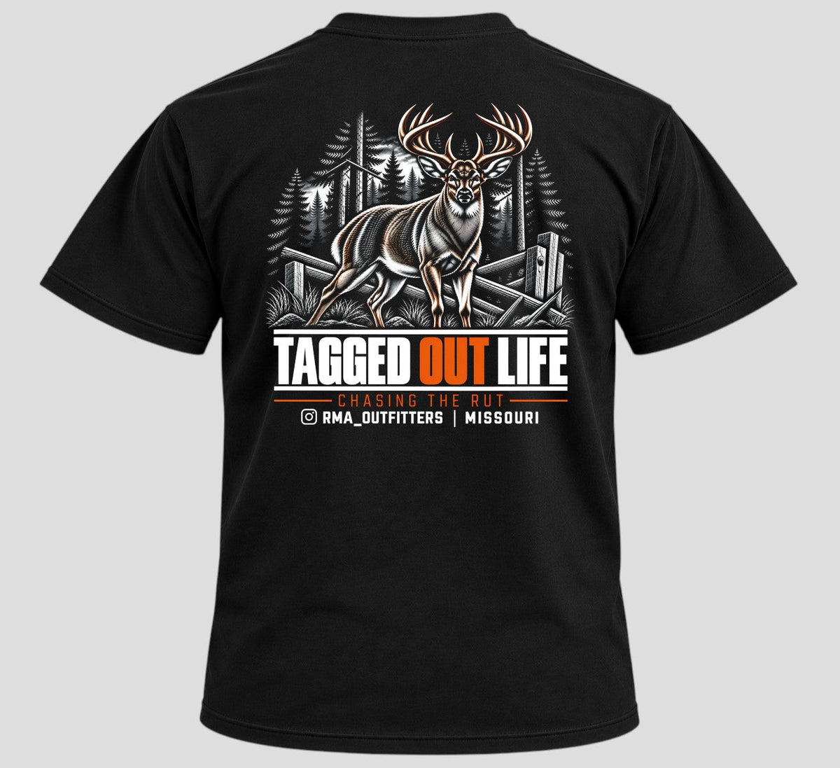 Tagged Out Life black short-sleeve hunting t-shirt featuring a graphic of a buck in the woods on the back. RMA Outfitters NW Missouri