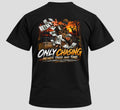 Tagged Out Life black unisex hunting t-shirt featuring a graphic of a hunter with flying money and a whitetail buck.