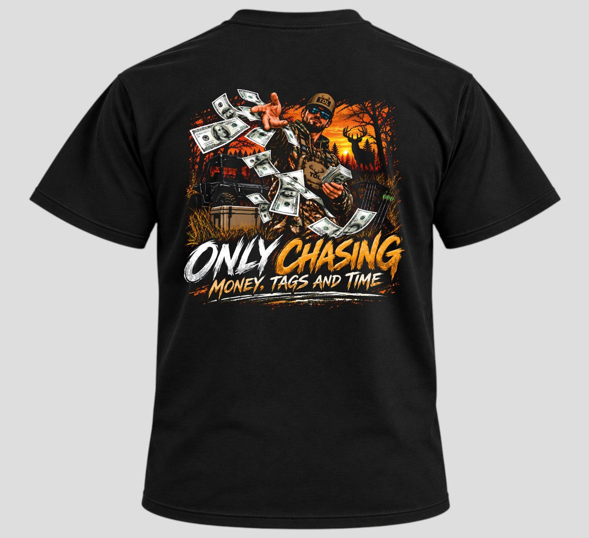 Tagged Out Life black unisex hunting t-shirt featuring a graphic of a hunter with flying money and a whitetail buck.
