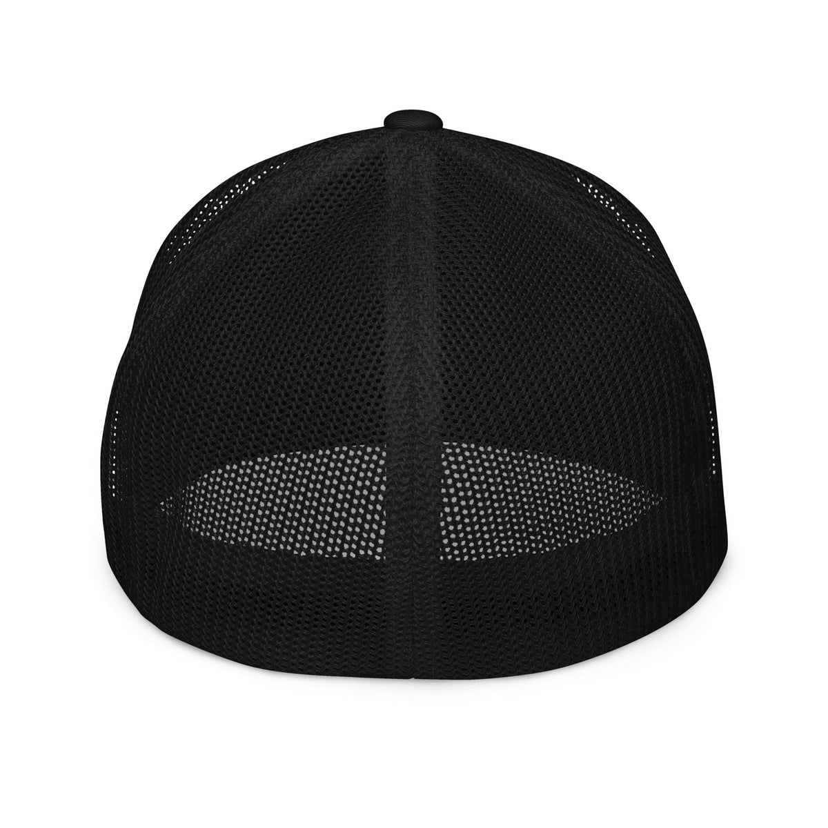 Tagged Out Life black unisex trucker hat with a breathable mesh back, shown from the rear view.