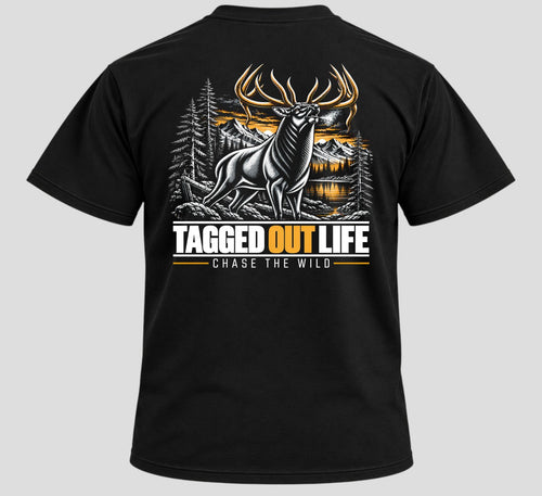 Tagged Out Life black unisex t-shirt featuring a back graphic of a bugling elk in a mountain forest landscape.