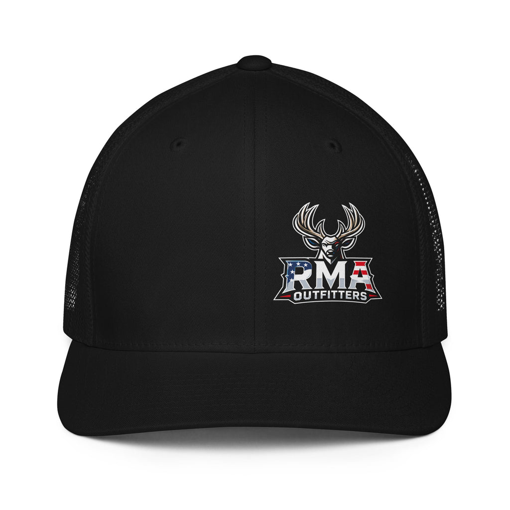 Tagged Out Life black Richardson 112 trucker cap featuring the RMA Outfitters NW Missouri logo with a deer and American flag