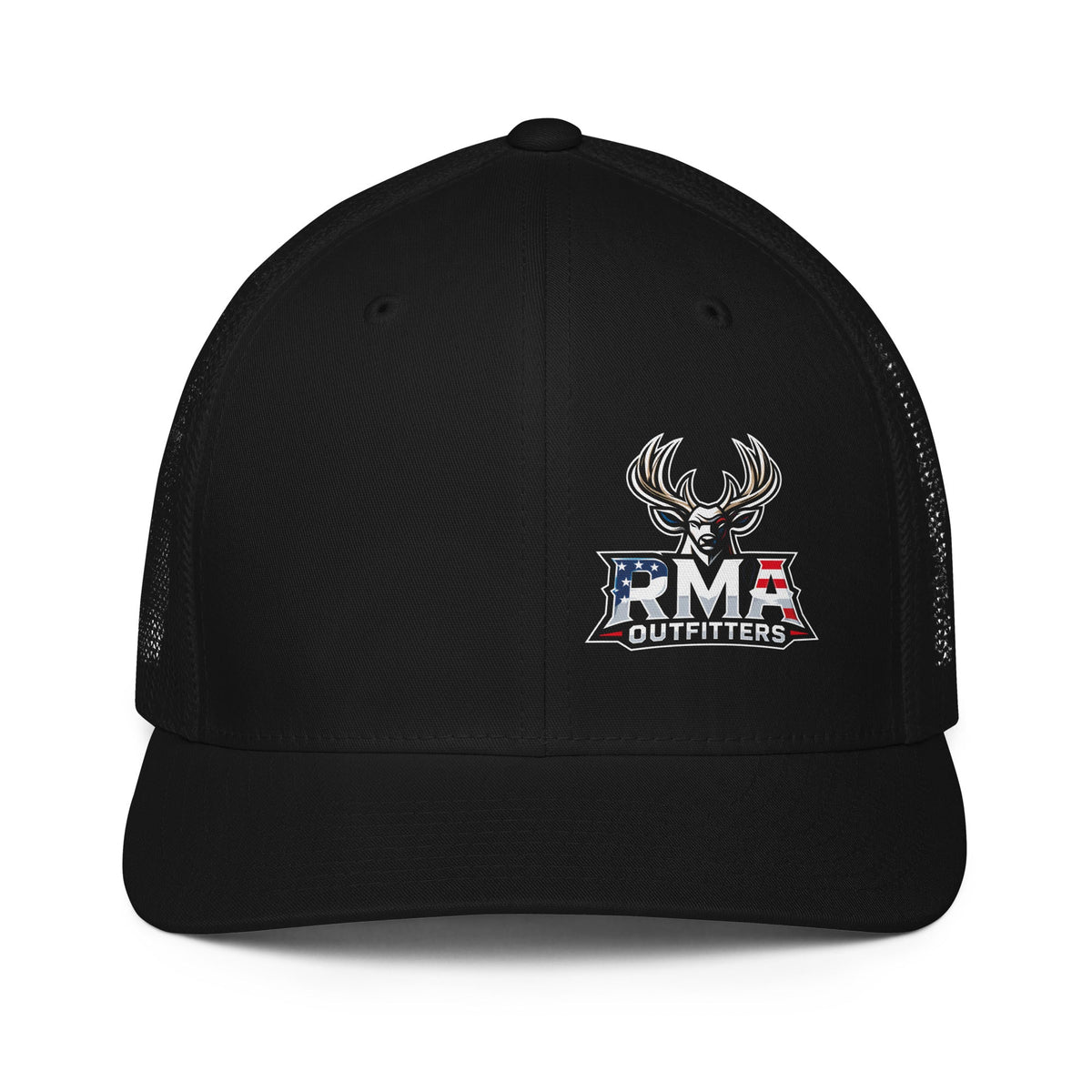 Tagged Out Life black Richardson 112 trucker cap featuring the RMA Outfitters NW Missouri logo with a deer and American flag