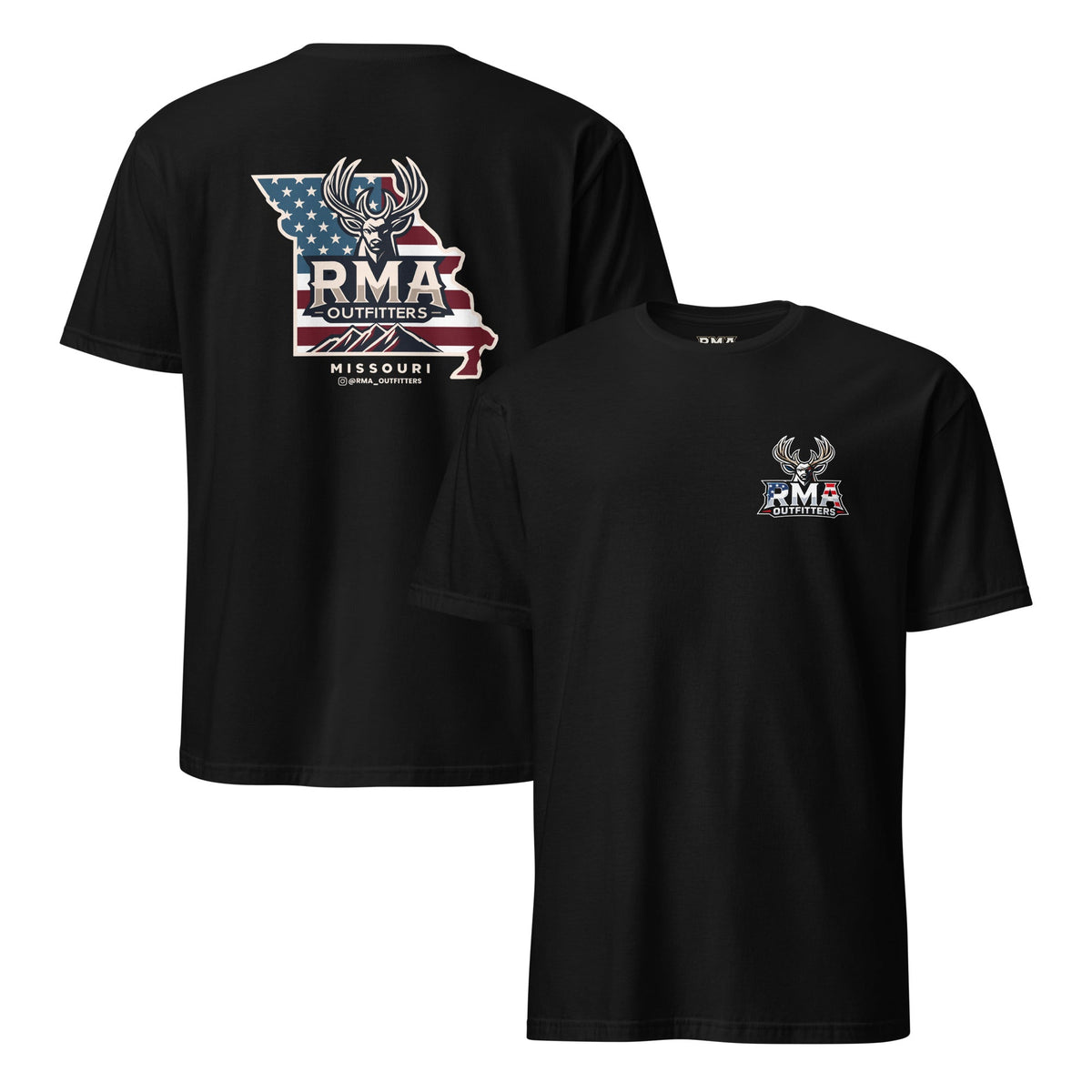 Tagged Out Life black short-sleeve unisex hunting t-shirt with RMA Outfitters NW Missouri deer logo on front and back