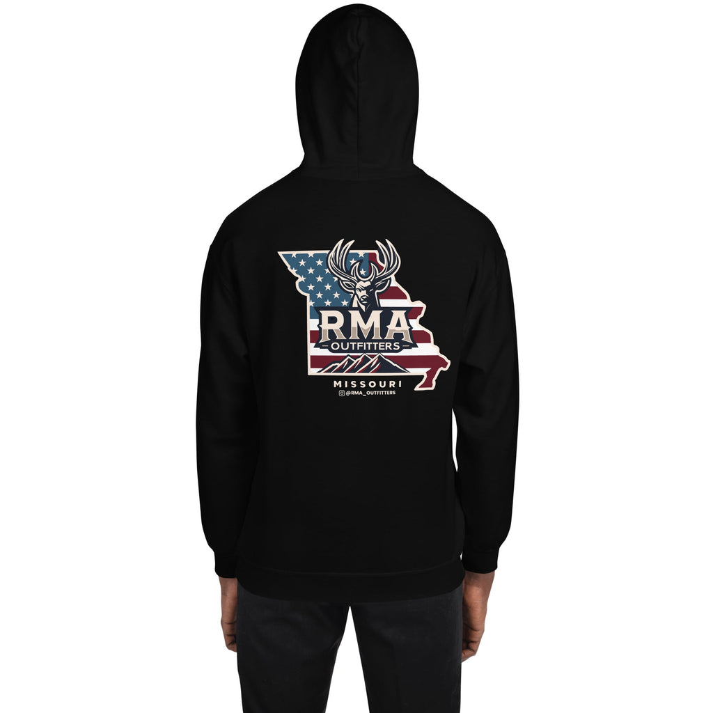 Tagged Out Life unisex black hoodie featuring a Missouri map, deer head, and American flag graphic on the back. RMA Outfitters NW Missouri