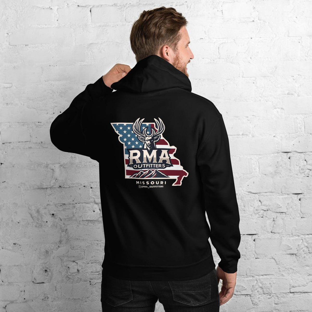 Tagged Out Life black unisex hunting hoodie featuring a Missouri state flag graphic with a deer silhouette on the back RMA Outfitters NW Missouri