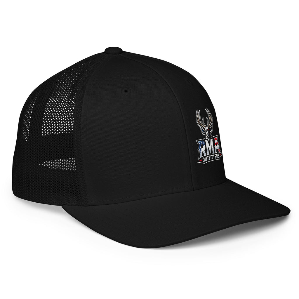 Tagged Out Life black Richardson 112 trucker cap featuring the RMA Outfitters NW Missouri hunting logo with mesh back panels.