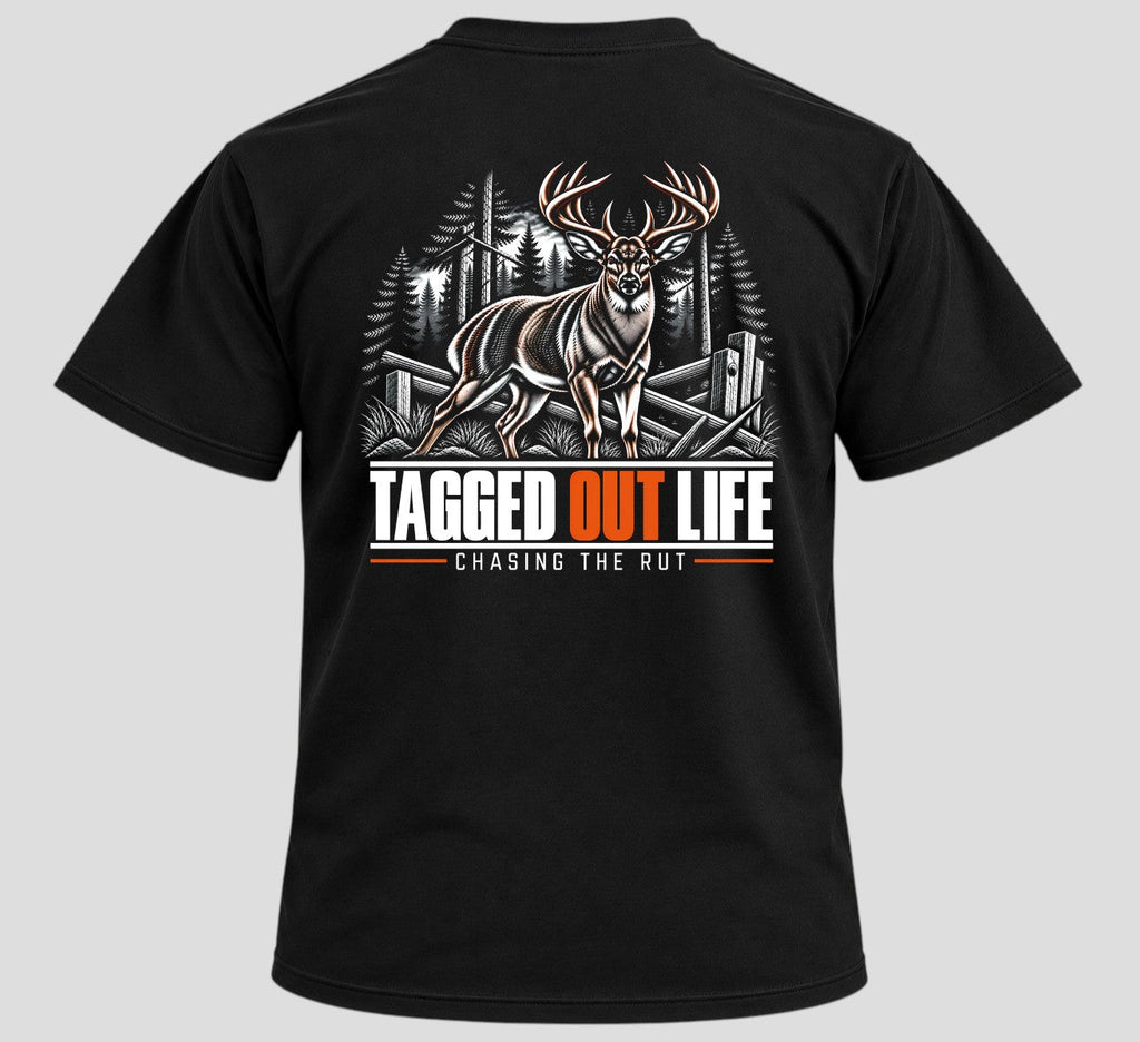Tagged Out Life black unisex hunting t-shirt featuring a whitetail buck graphic with hunter-orange accents on the back