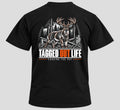 Tagged Out Life black unisex hunting t-shirt featuring a whitetail buck graphic with hunter-orange accents on the back