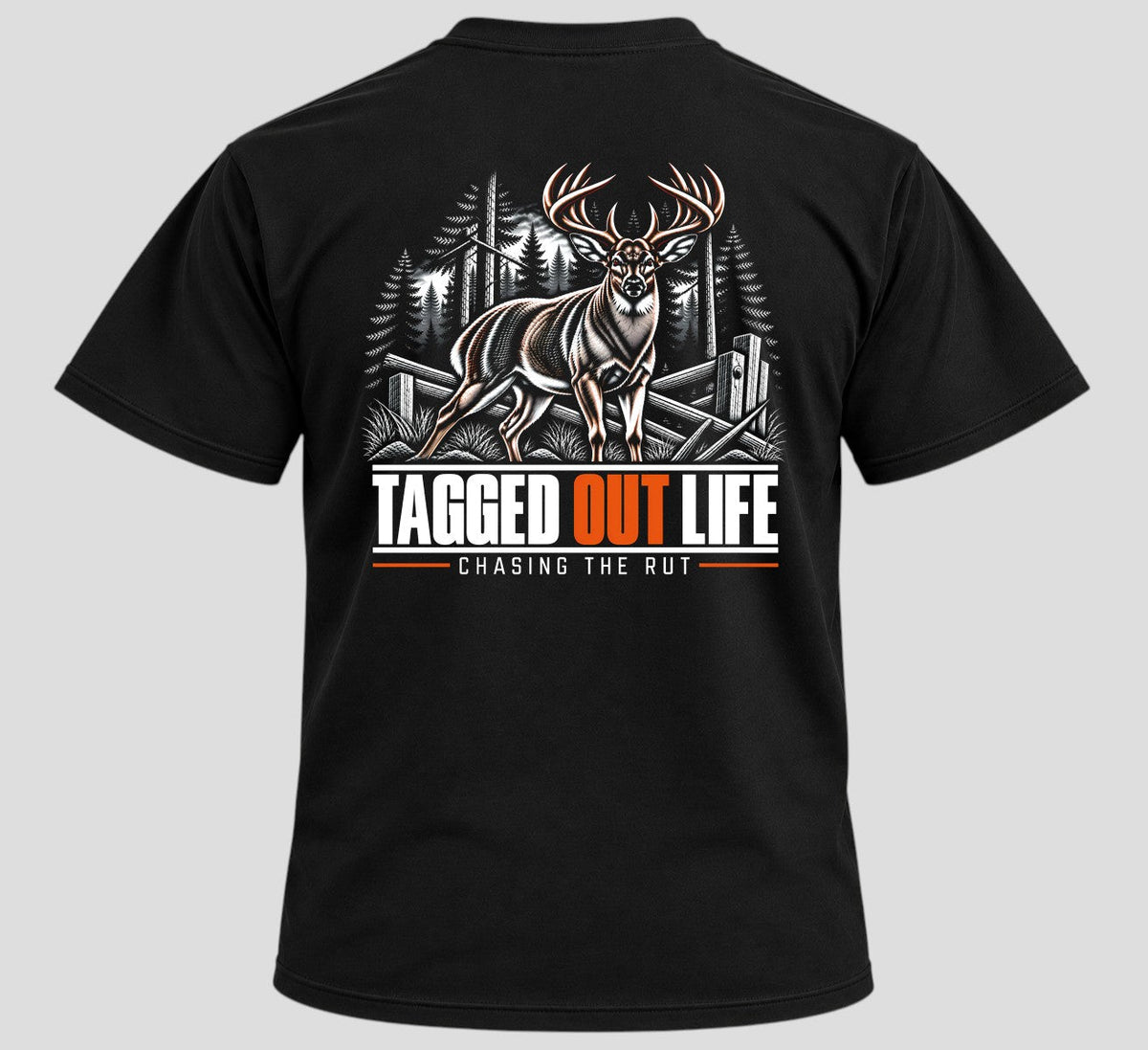 Tagged Out Life black unisex hunting t-shirt featuring a whitetail buck graphic with hunter-orange accents on the back
